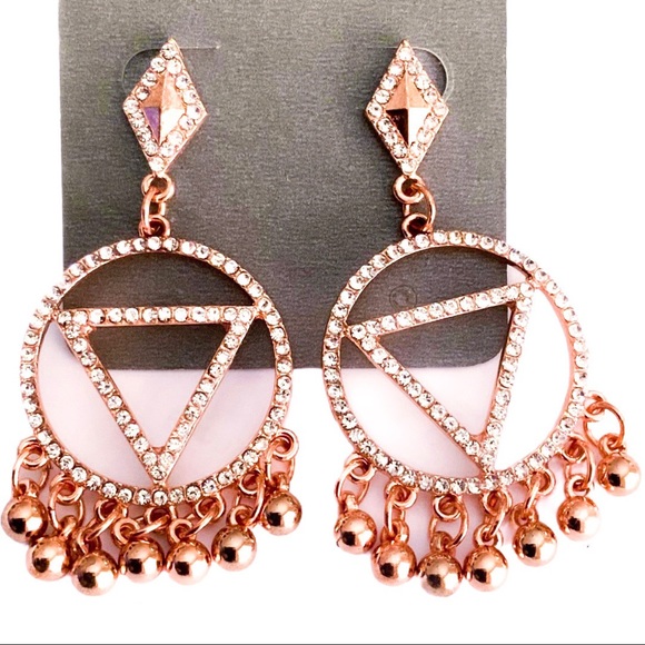 🆕 14k GP Rose Gold Crystal CZ Geometric Beaded Fringe Hoop Drop Earrings NWT - Picture 5 of 5